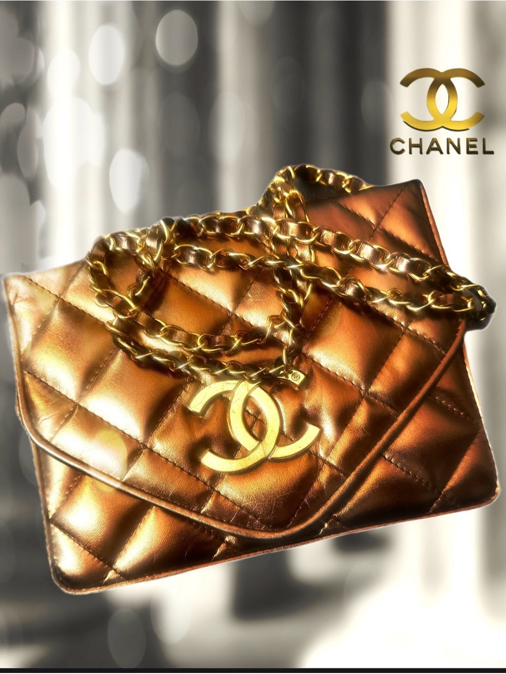 Chanel Gold Quilted Handbag with long Gold Chain
